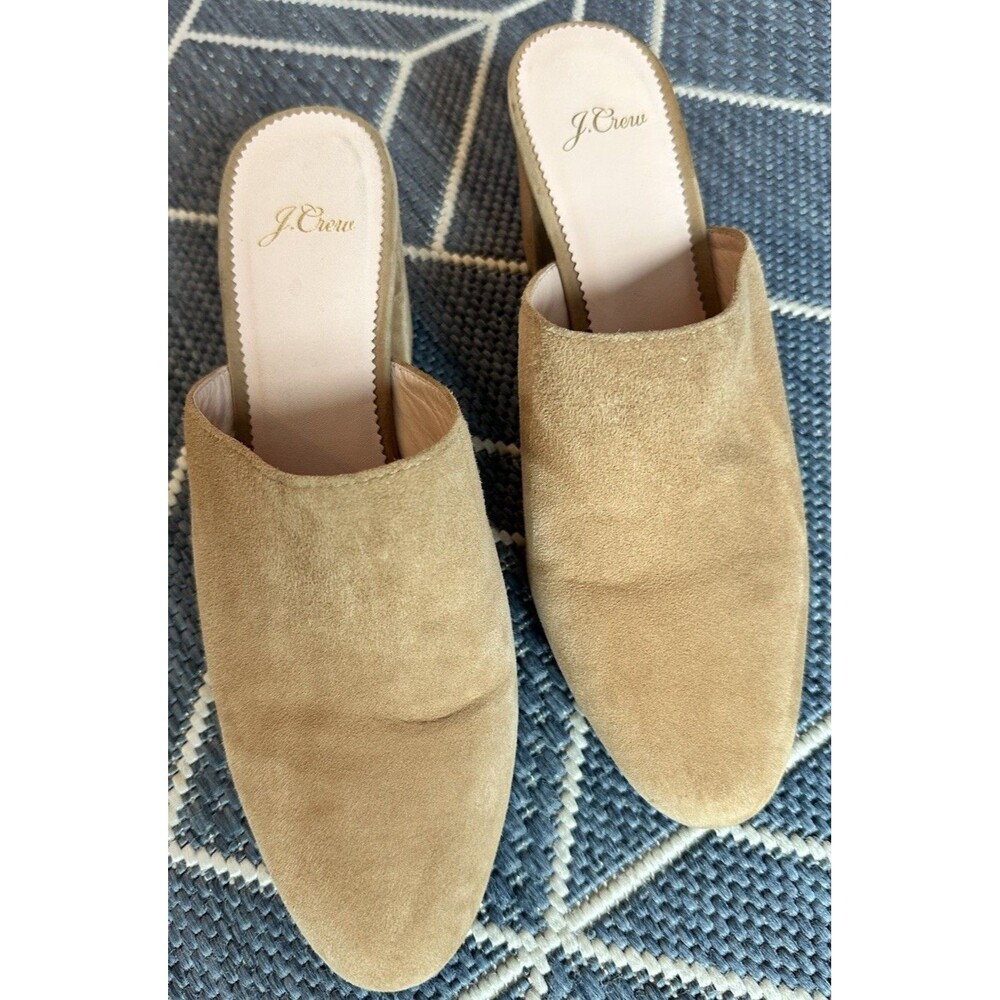 J Crew Tan Suede Pointed Toe Stacked Mid Block Heel Slip On Mules Clogs Size 9 - Picture 12 of 13